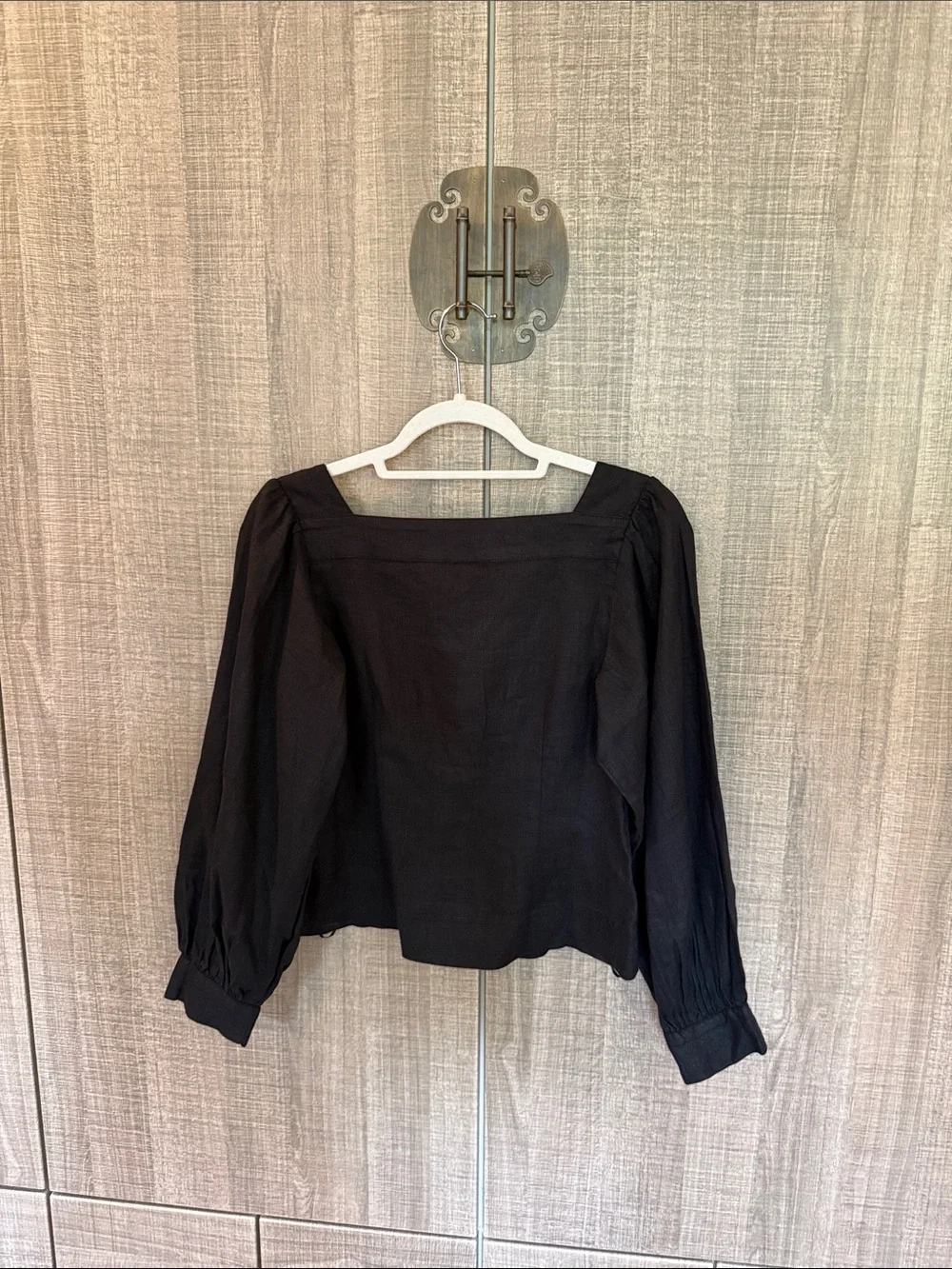 J. Crew Black Square-Neck Button Front Puff Sleeve Blouse In Linen